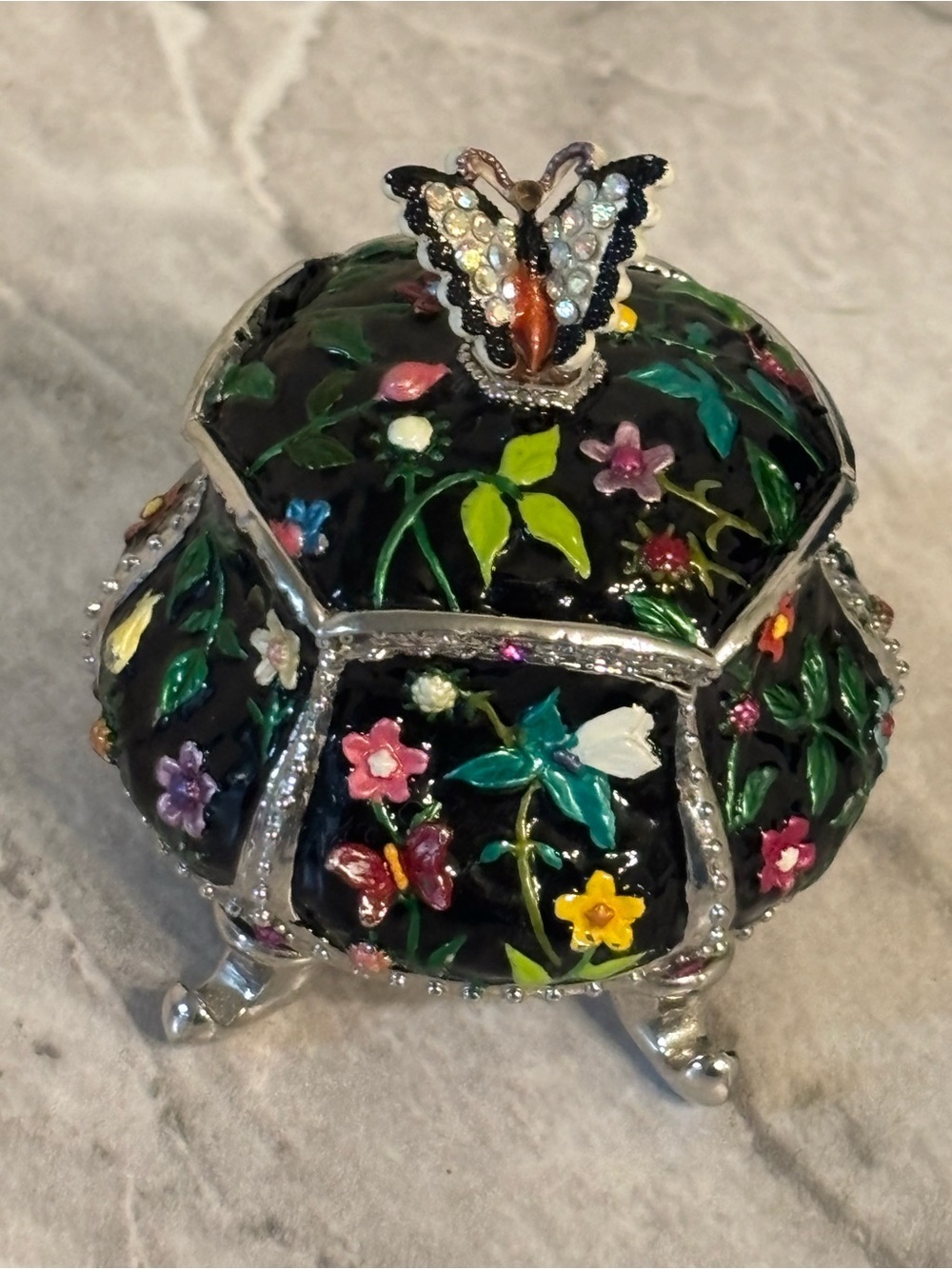 Ruccini Enamel Floral Trinket Box with Butterfly Swarovski crystals accents